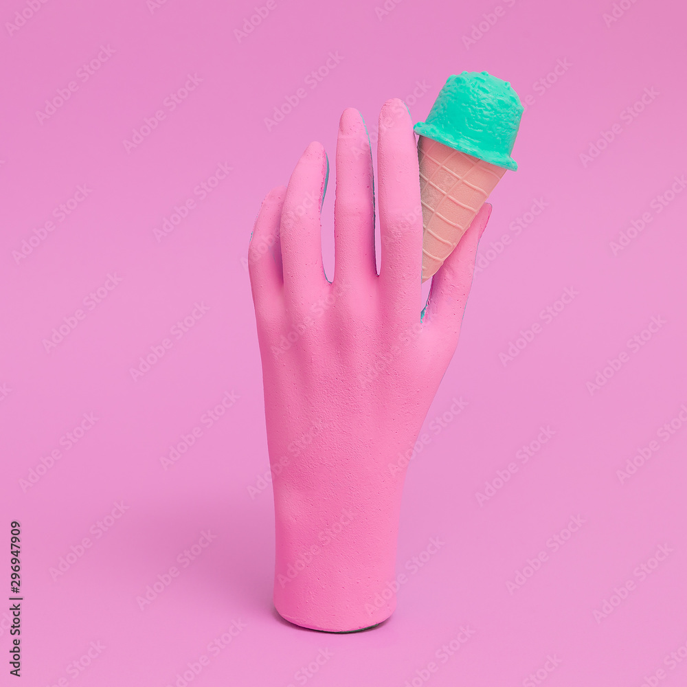 Fake hand and fake ice cream. Minimal plastick art Fake hand and fake ice cream. Minimal plastick art