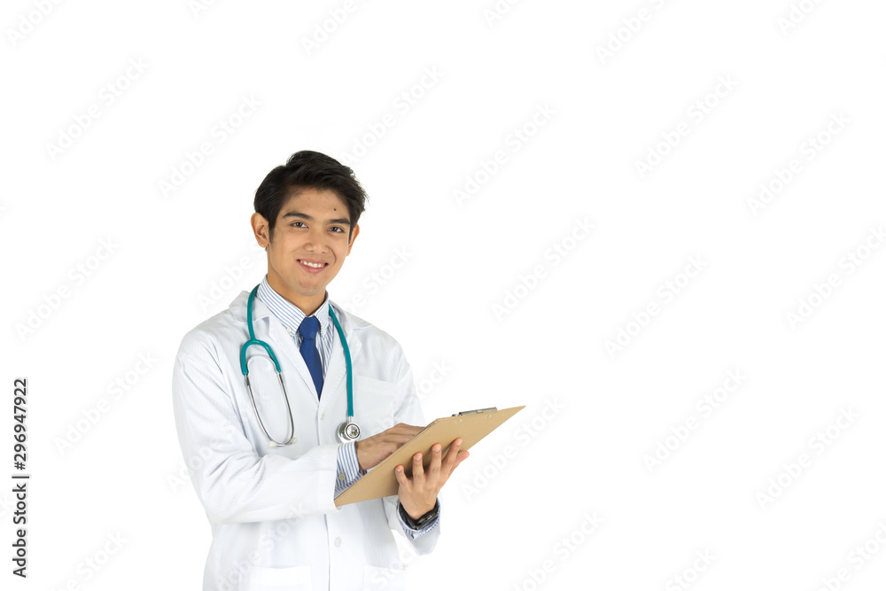 Asian young doctor with clipboard isolated on white background Asian young doctor with clipboard isolated on white background