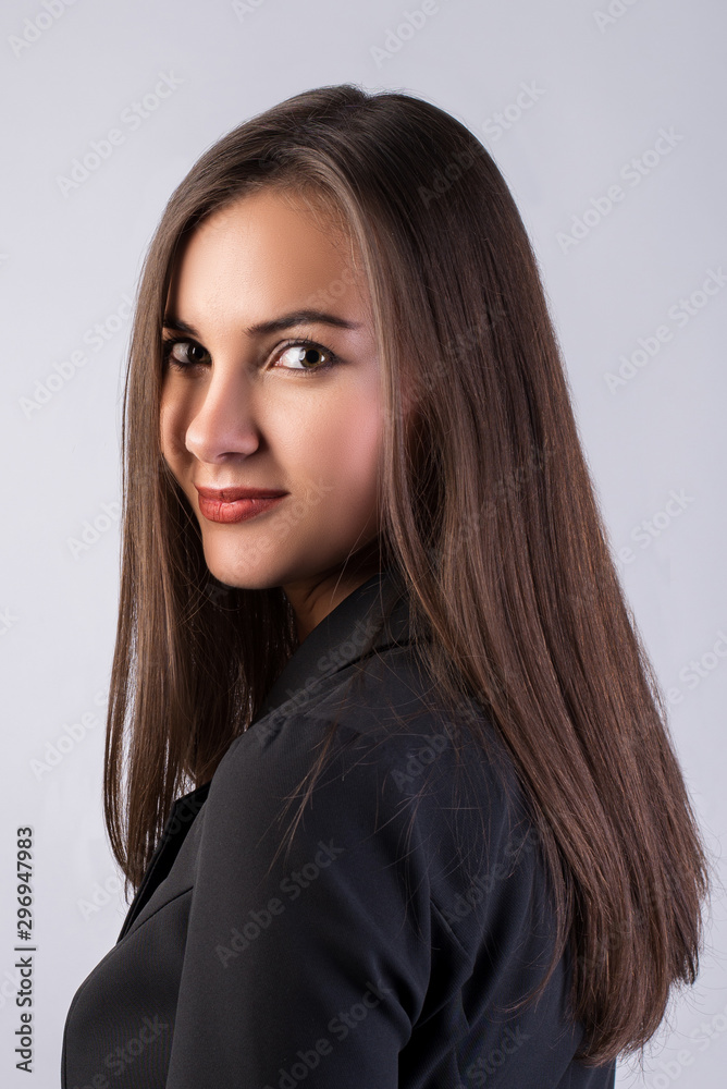 business portrait of a young beautiful brunette girl in a jacket on a white background, straight dark hair, beautiful eyes, clean skin business portrait of a young beautiful brunette girl in a jacket on a white background, straight dark hair, beautiful eyes, clean skin