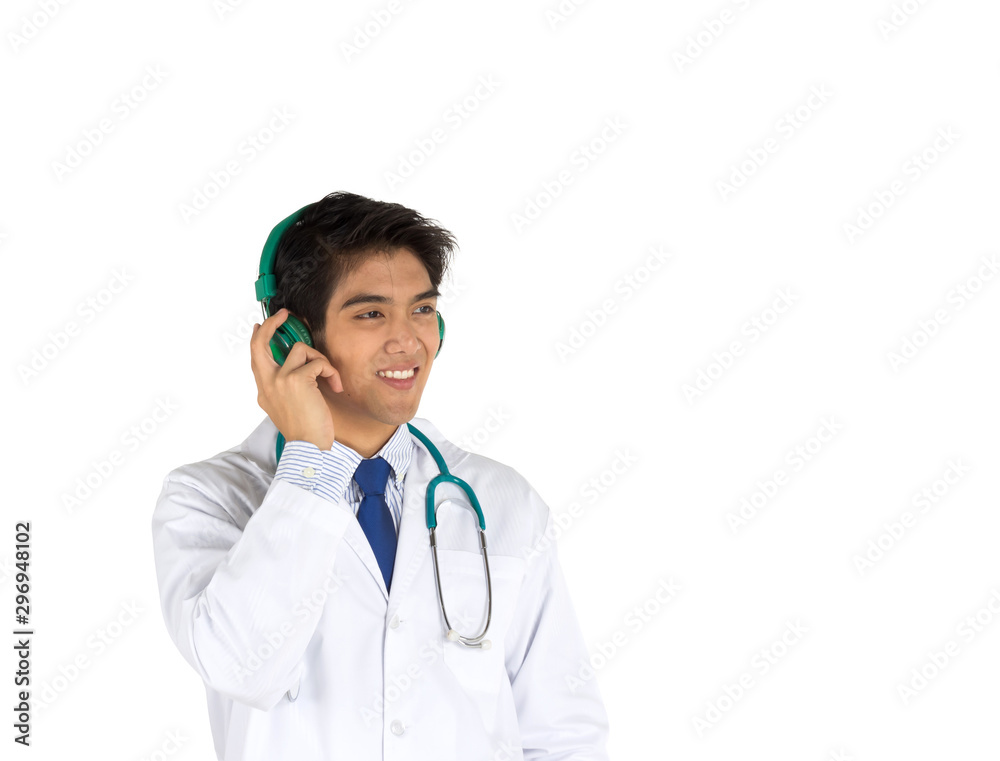 Young Asian doctor holding music headphones