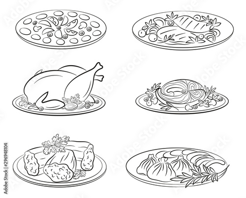 Set of Food Pictograms, Pizza, Steak, Baked Chicken, Fish and More. Black Contours Isolated on White Background. Vector