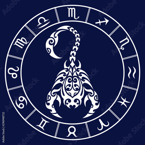 Zodiac sign scorpio and circle constellations in maori tattoo style. White on dark blue background vector illustration isolated.	