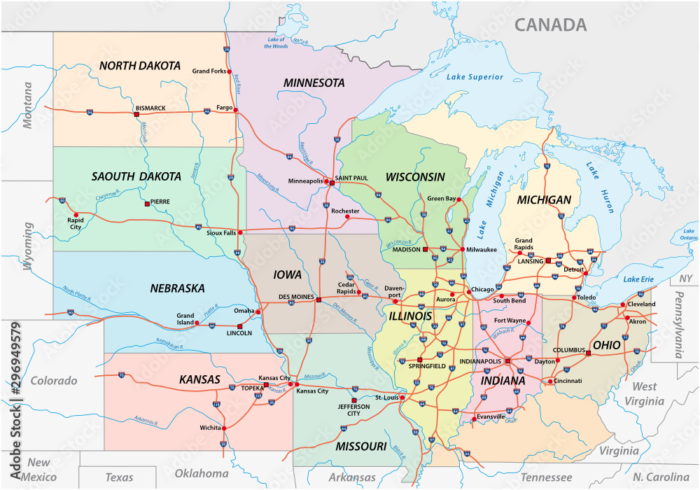 Fototapeta Road map of the Midwest United States of America