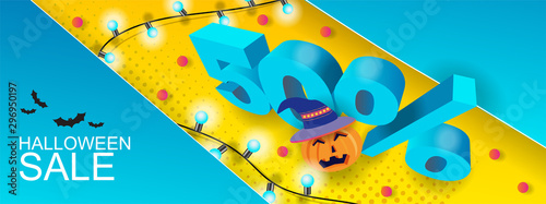 Halloween sale banner design layout 50% with pumpkin