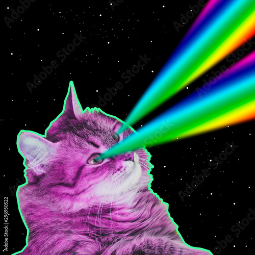 Fototapeta Naklejka Na Ścianę i Meble -  Big pink monster cat flies in deep space and shoots rainbow lasers from eyes. Art collage concept of 90s or 80s