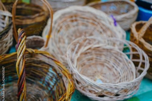 wood baskets on local market. Folk festival. 