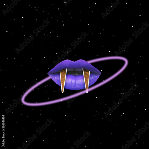 Fototapeta Naklejka Na Ścianę i Meble -  Purple mouth of monster with teeth in the deep space among neon light ring as planet. Art collage concept of 90s or 80s