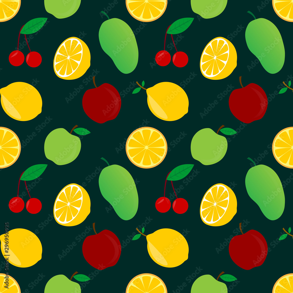 seamless pattern design of fruits, apples, oranges, mangoes, cherries. against a dark blue background seamless pattern design of fruits, apples, oranges, mangoes, cherries. against a dark blue background
