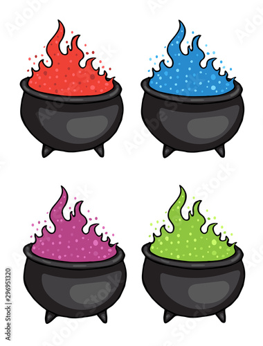Cauldron potion witch set, green, purple, red, blue colors