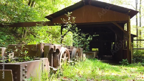 Coal cars and Nuttallburg Head House in New River Gorge National Park in Fayetteville, West Virginia. photo