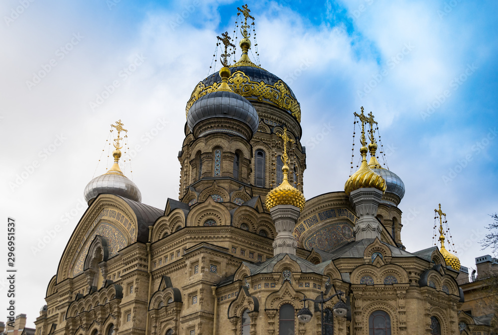 Obraz premium The orthodox Church of the Dormition of the Mother of God stands towering on the Vasilievsky Island in Saint Petersburg, Russia