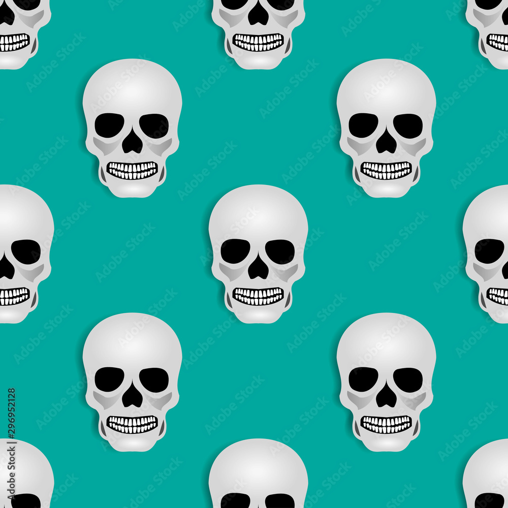  seamless pattern design illustration of a human skull face. with a bright green background. Wallpaper design to commemorate Halloween day