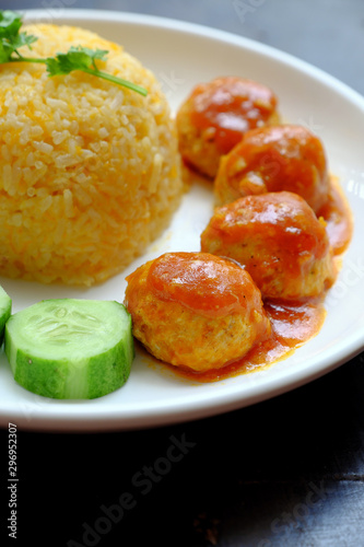 Vietnamese vegan rice dish with vegetarian meatballs or tofu ball