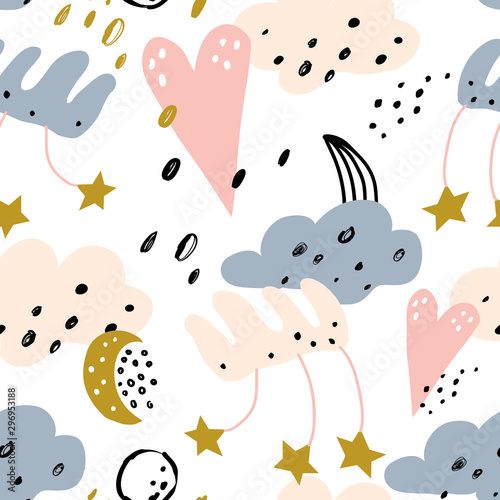 Cute seamless pattern. Childish doodle illustration. Seamless pattern with clouds  hearts and stars. Vector illustration for wrapping paper  textile  surface textures  childish design.
