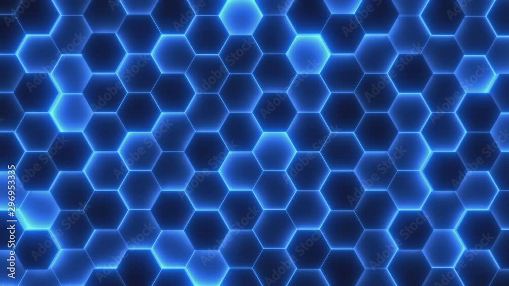 Abstract white background of moving hexagons. Monochrome futuristic pattern in blue and black colors. Looped animation. 3d rendering.
