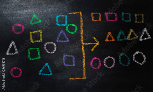 drawing geometry to categorize on chalkboard,  categorizing geometry concept with colorful chalk photo