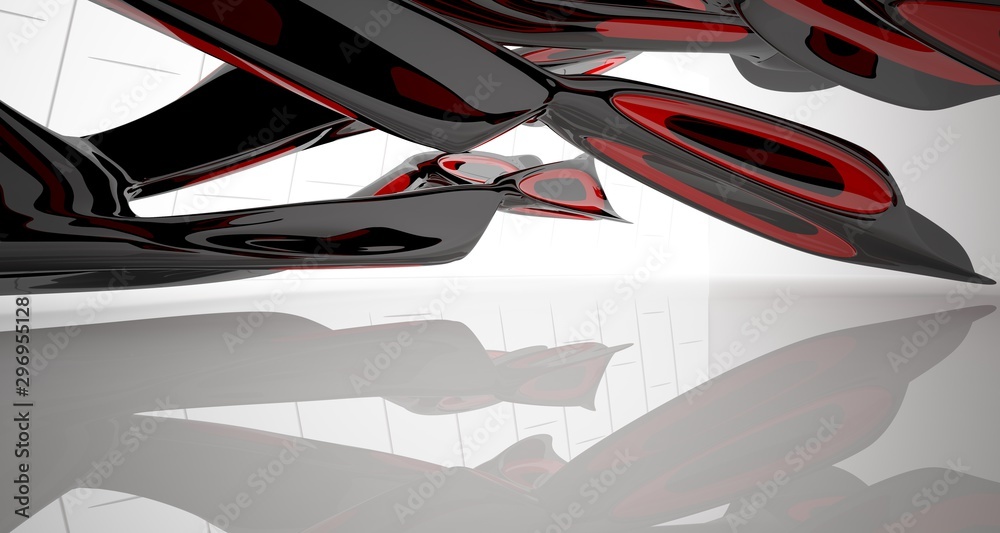 Abstract smooth architectural red and black gloss interior of a minimalist house with large windows. 3D illustration and rendering.