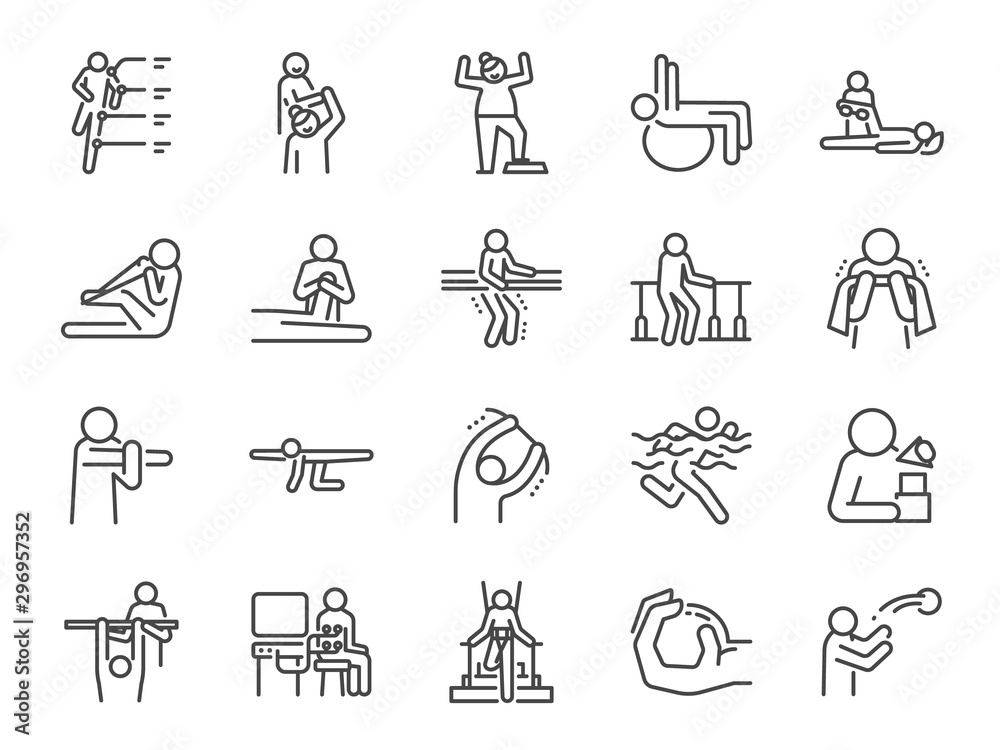 Rehabilitation line icon set. Included icons as recovery, Physical therapy, Nursing Home, therapist, hospital, physiology and more. Rehabilitation line icon set. Included icons as recovery, Physical therapy, Nursing Home, therapist, hospital, physiology and more.