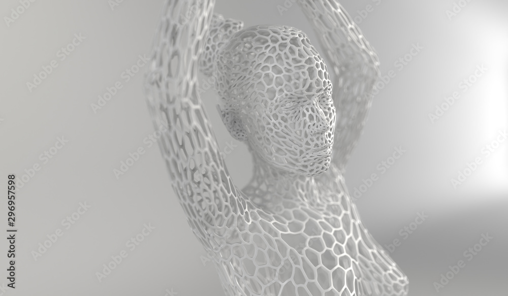 Abstract voronoi based human figure concept - 3D illustration of a human body constructing from polygon voronoi and lines. Women posing in different ways.3d render.