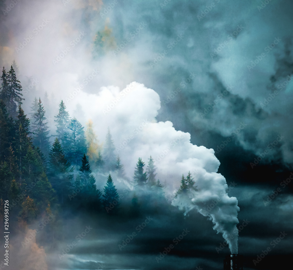 factory smoke covering pine forest double exposure global warming climate change - obrazy, fototapety, plakaty 