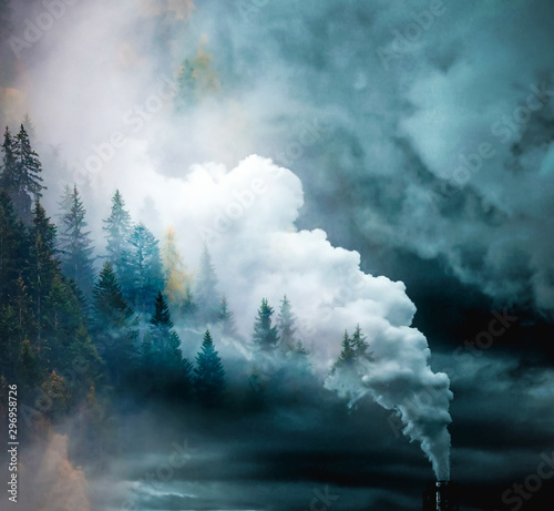factory smoke covering pine forest double exposure global warming climate change photo