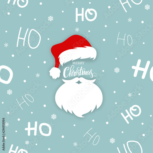 Ho ho ho Santa Claus laugh hat and beard seamless texture pattern blue background