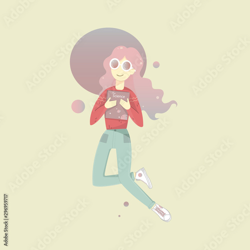 Stylish illustration of a long-haired girl with a book.
