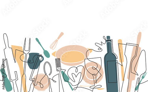 Background with Utensils and Food. Cooking Horizontal Pattern. Vector illustration.