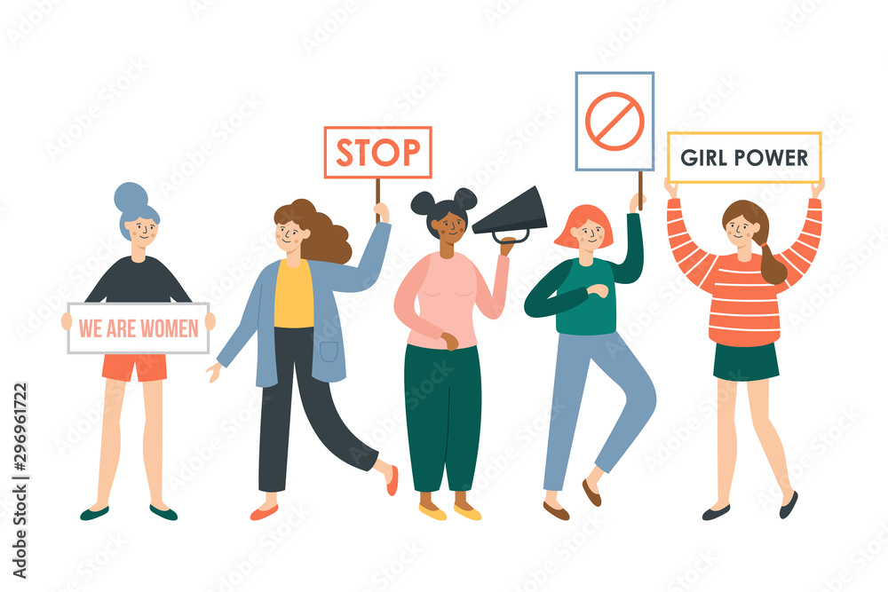 Fototapeta premium Women protesters and feminism activists holding placards. Female characters design