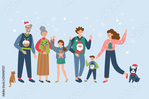 Happy big family in ugly sweaters celebrating Christmas and New Year holidays. Flat vector character design.