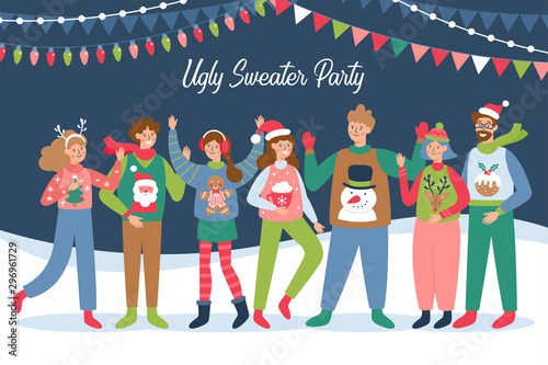 Happy friends in ugly sweaters celebrating Christmas and New Year holidays. Group of people enjoing festival or party