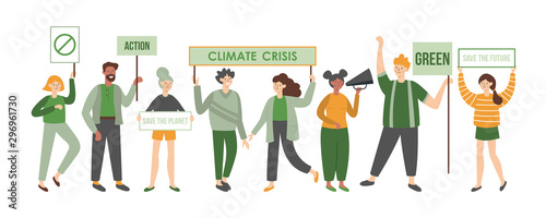 Climate crisis protesters holding placards. Political meeting concept. Women and men flat characters design