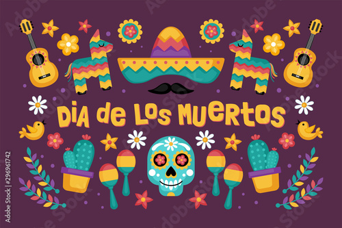 Day of the dead Dia de los Muertos holiday greeting card design with Mexican party elements