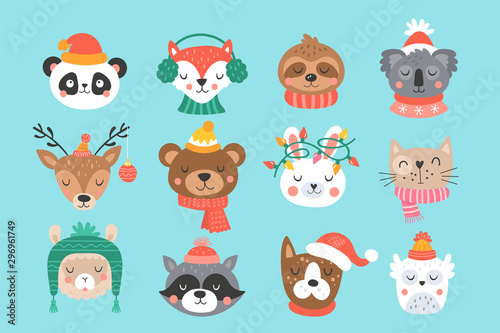 Christmas holiday cute animals set.