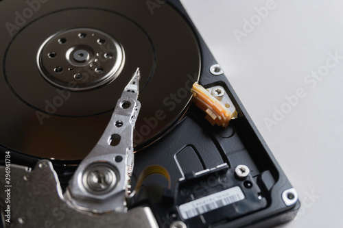 Wallpaper Mural Close up of hard disk's internal mechanism hardware. Soft focus at middle and background. Torontodigital.ca