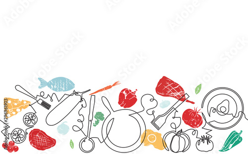 Background with Utensils and Food. Cooking Horizontal Pattern. Vector illustration.