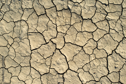 Cracked soil texture. Hard shadows and sun. Dried ground.