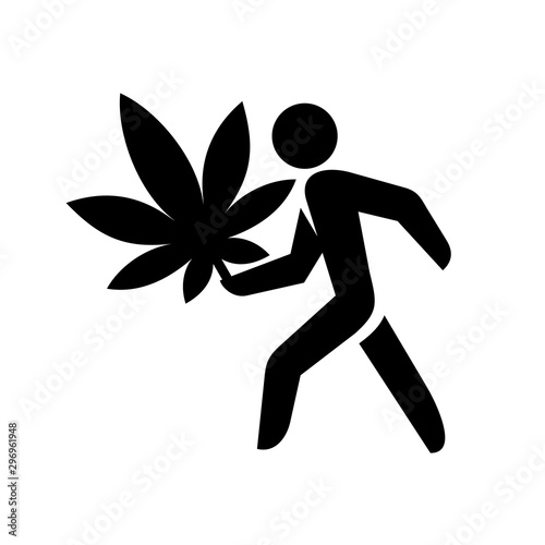 Walking man silhouette with weed leaf in a hand. Bring marijuana plant concept logo.