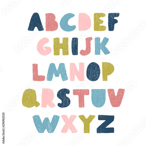 Vector cute colorful alphabet for kids. Can be used as elemets for your design for greeting cards, nursery, poster, card, birthday party, packaging paper design, baby t-shirts prints