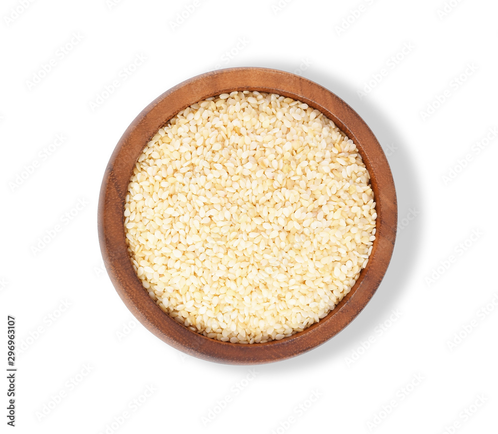 white sesame seeds in bowl wooden isolated on white background white sesame seeds in bowl wooden isolated on white background