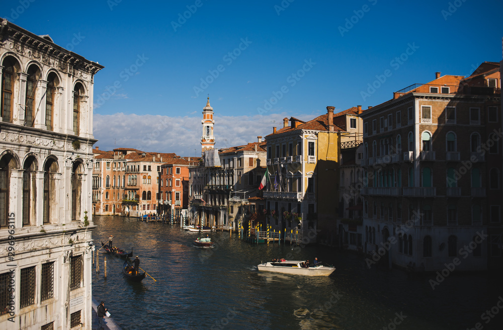 VENICE ITALY - OCTOBER 2019. View of Canal Grande with variety of boats and ships on the water with passengers.