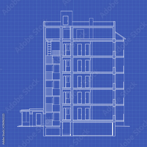 Detailed multi-storey building. Cross-section house. Vector blueprint.