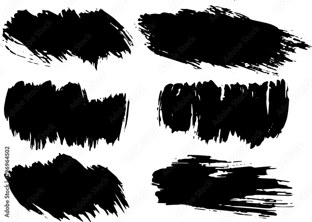 Set of black paint, ink brush strokes, brushes, lines. Dirty artistic design elements, boxes, frames for text. Vector illustration