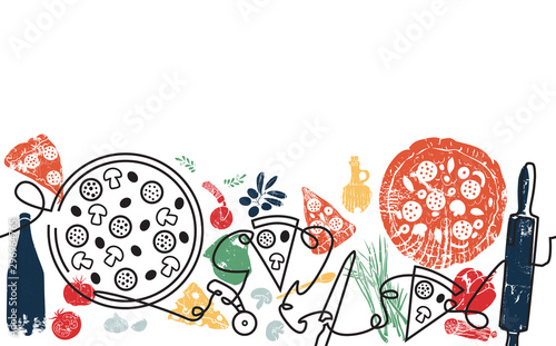Pizza Background. Pizza Pattern. Continuous Line Drawing. Vector illustration.
