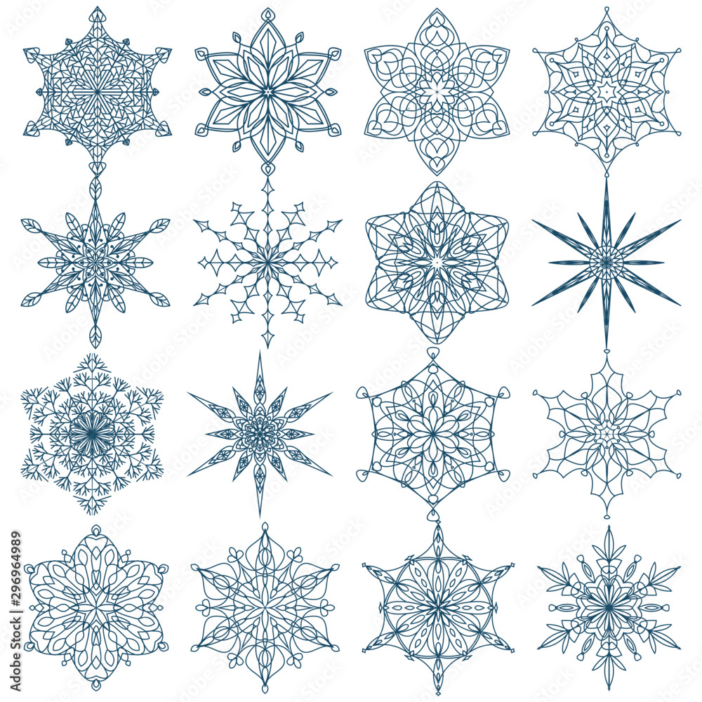 Set of blue snowflakes on a white background. Vector set of winter symbols.