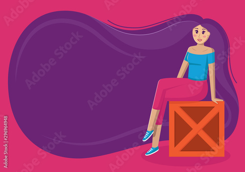 Vector illustration of a girl sitting on a box foot to foot with a background of hair with a place for text or lettering. Unusual background from hair for text placement
