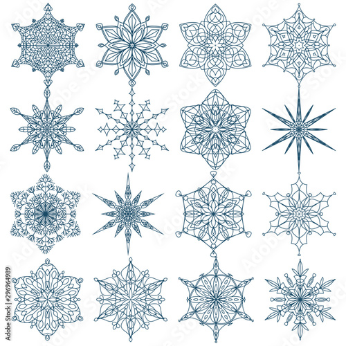 Set of blue snowflakes on a white background. Vector set of winter symbols.