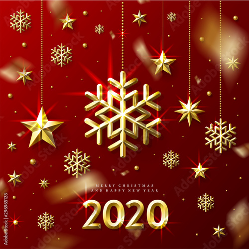 New Year Greeting Card with golden Stars. Vector illustration.