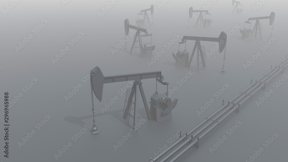 Oil field, pumpjacks and pipelines. Digital render concept on gray, foggy setting. Oil field, pumpjacks and pipelines. Digital render concept on gray, foggy setting.