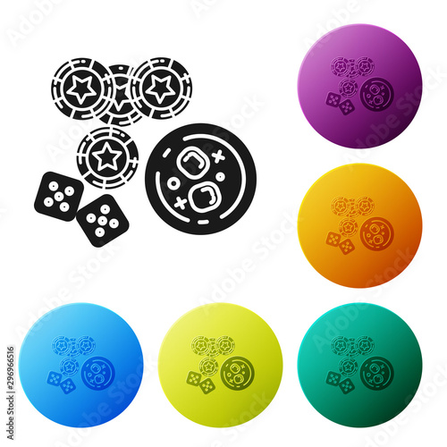 Black Casino chips, game dice and glass of whiskey with ice cubes icon isolated on white background. Casino poker. Set icons colorful circle buttons. Vector Illustration